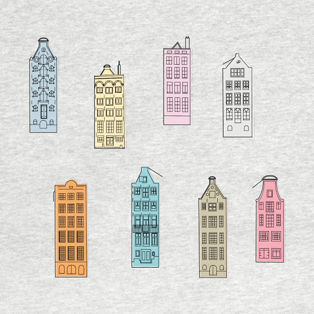 Facades of old canal houses from Amsterdam City rainbow colorful illustration by sinemfiit